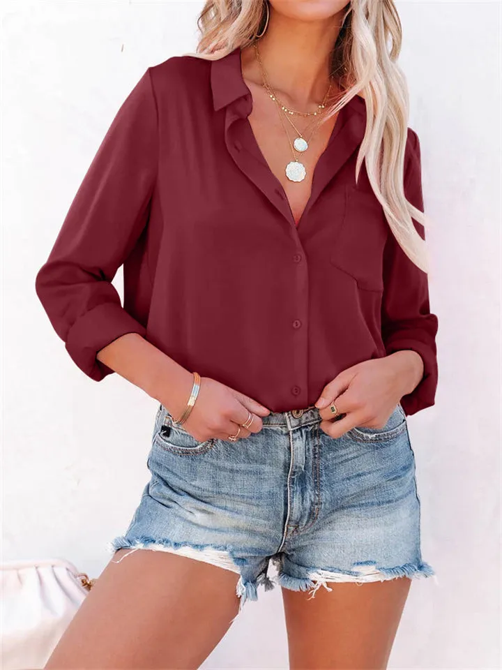 Office Lady Simple Button Pocket Comfortable Pure Color Silk Blouses