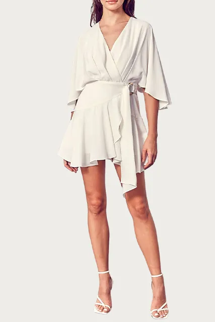 RUFFLED WOVEN WRAP MINI DRESS